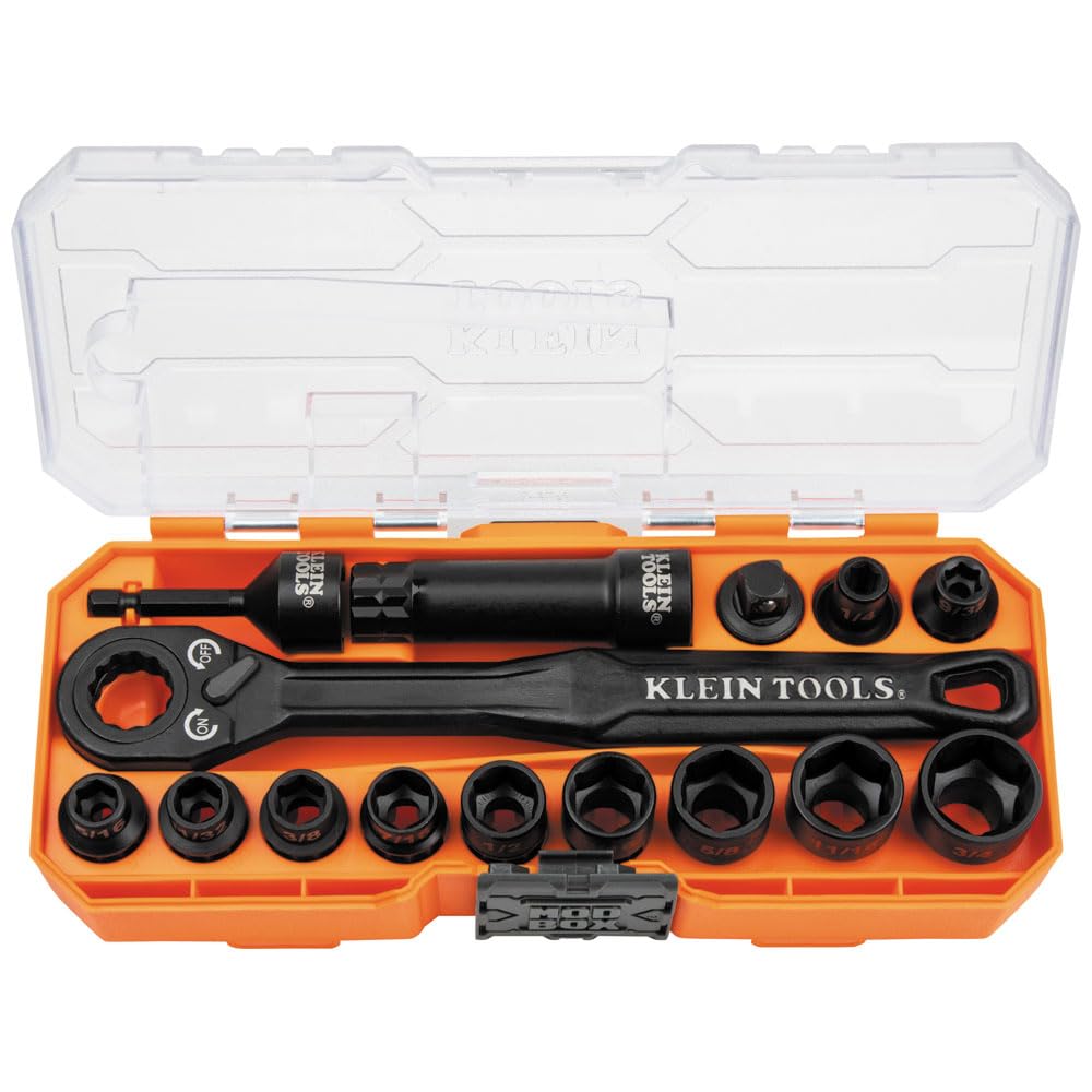 Klein Tools KNECT 15-Piece Pass-Through Socket Set, SAE Impact Sockets with MODbox Case, Bits & 3/8-In Drive Adapter