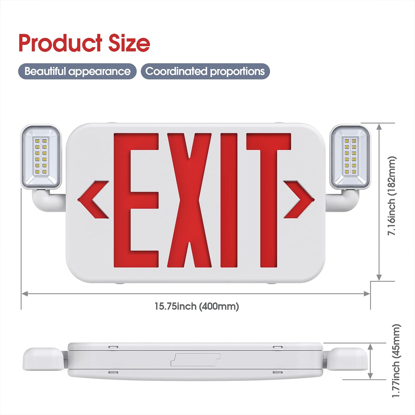 SITISFI LED Emergency Exit Sign Light with 2 Adjustable Heads & Backup Battery, US Red Letter, UL 924, AC120/277V, 2-Pack