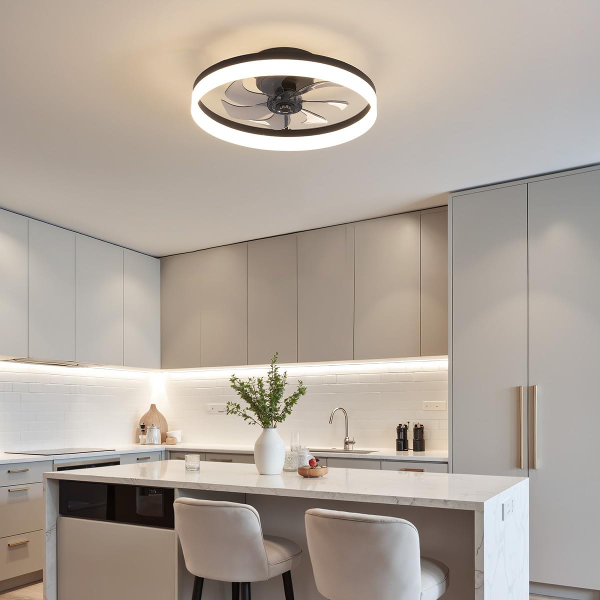 PUSU 15.8" LED Ceiling Fan with Light, Reversible Flush Mount, Remote, 6 Speeds, 3 Dimmable Colors for Bedroom, Kitchen, Garage