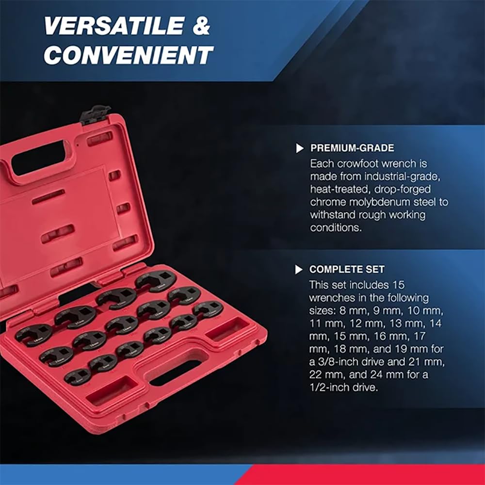 Neiko 03324A Crowfoot Wrench Set 1/2" and 3/8” Drive, 15 Piece, Metric Crows Foot Wrench Sizes 8mm-24mm, Chrome-Moly Flare Nut Wrench Set