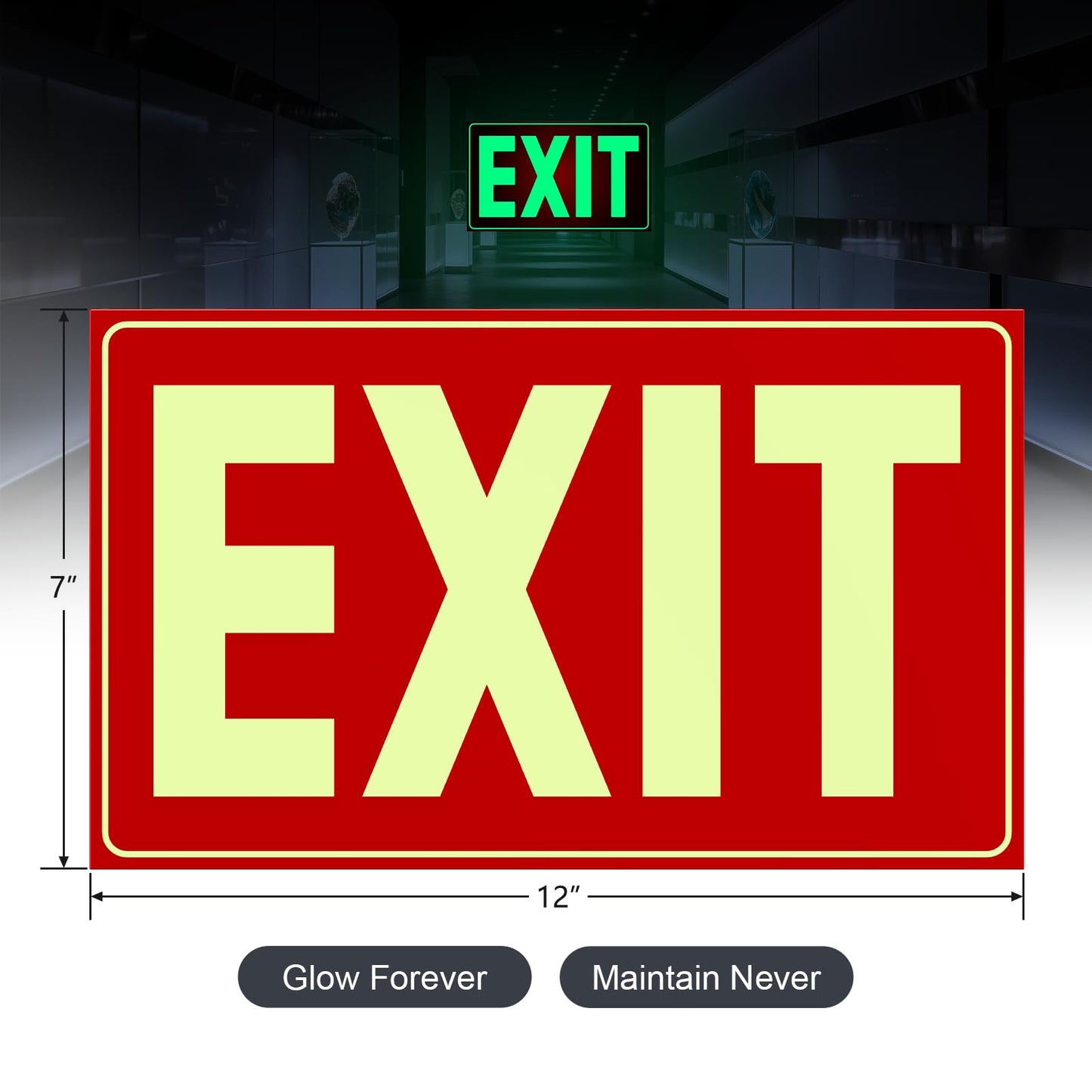 Glow-in-the-Dark Emergency Exit Signs, Self-Adhesive 12x7", Red Photoluminescent, UV Protected, Tear & Scratch Resistant PVC (2 Pack)