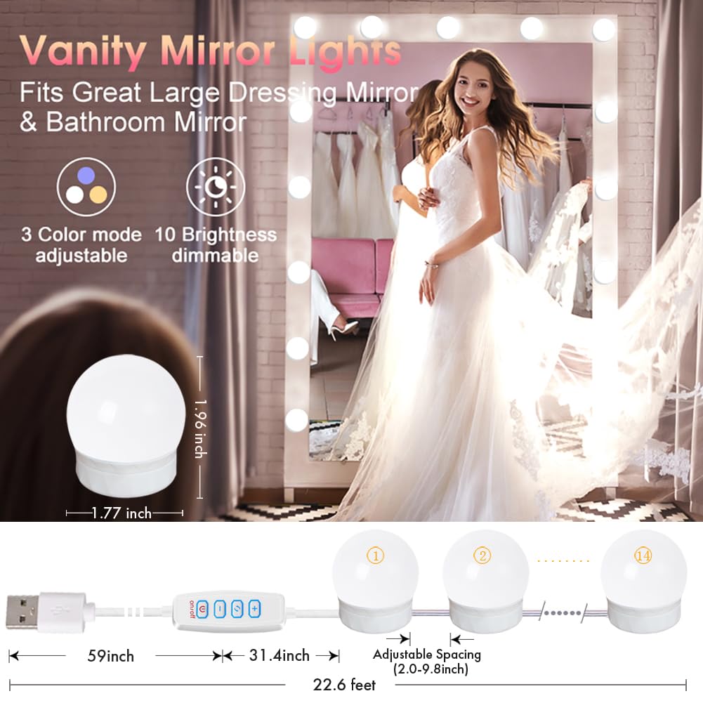HELOIE 22.6ft Led Vanity Mirror Lights with 14 Dimmable Light Bulbs Makeup Vanity Lights for Big Long Mirror,Mirror Not Included