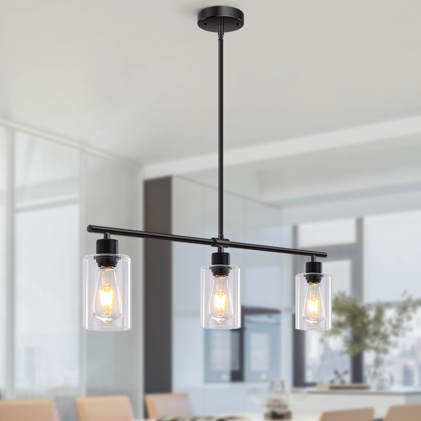 **Yarlkav Kitchen Island Lighting, 3-Light Linear Rectangle Chandelier Pendant, Farmhouse Dining Room Hanging Light with Glass Shades, Black**