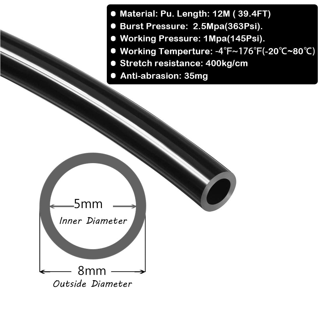 Beduan 8mm x 5mm Black Pneumatic Tubing Pipe PU Polyurethane Air Compressor Tubing Hose Pipe Line Fluid Transfer 39.4ft 12 Meter
