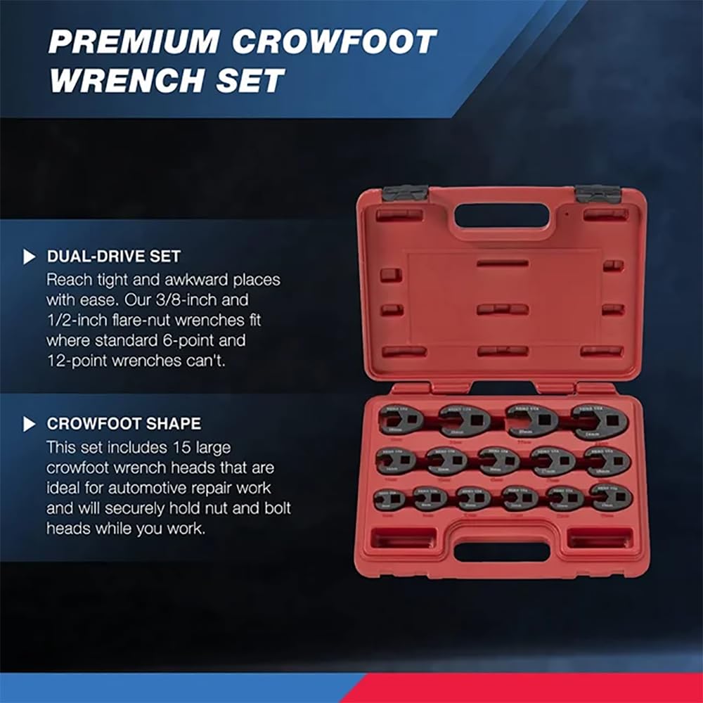 Neiko 03324A Crowfoot Wrench Set 1/2" and 3/8” Drive, 15 Piece, Metric Crows Foot Wrench Sizes 8mm-24mm, Chrome-Moly Flare Nut Wrench Set