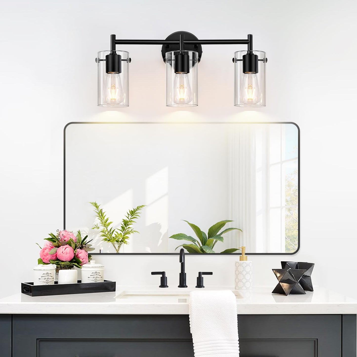 Indoi 3-Light Matte Black Bathroom Vanity Light, Clear Glass Shades, Wall Sconce for Mirror, Bedroom, Hallway & Living Room