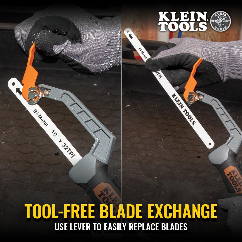 Klein Tools 31432FC Mini Finish-Cut Hacksaw, 10-Inch 32 TPI Bi-Metal Blade Hand Saw, Cuts Plastic, Wood, and Thin-Wall Metal in Tight Spaces