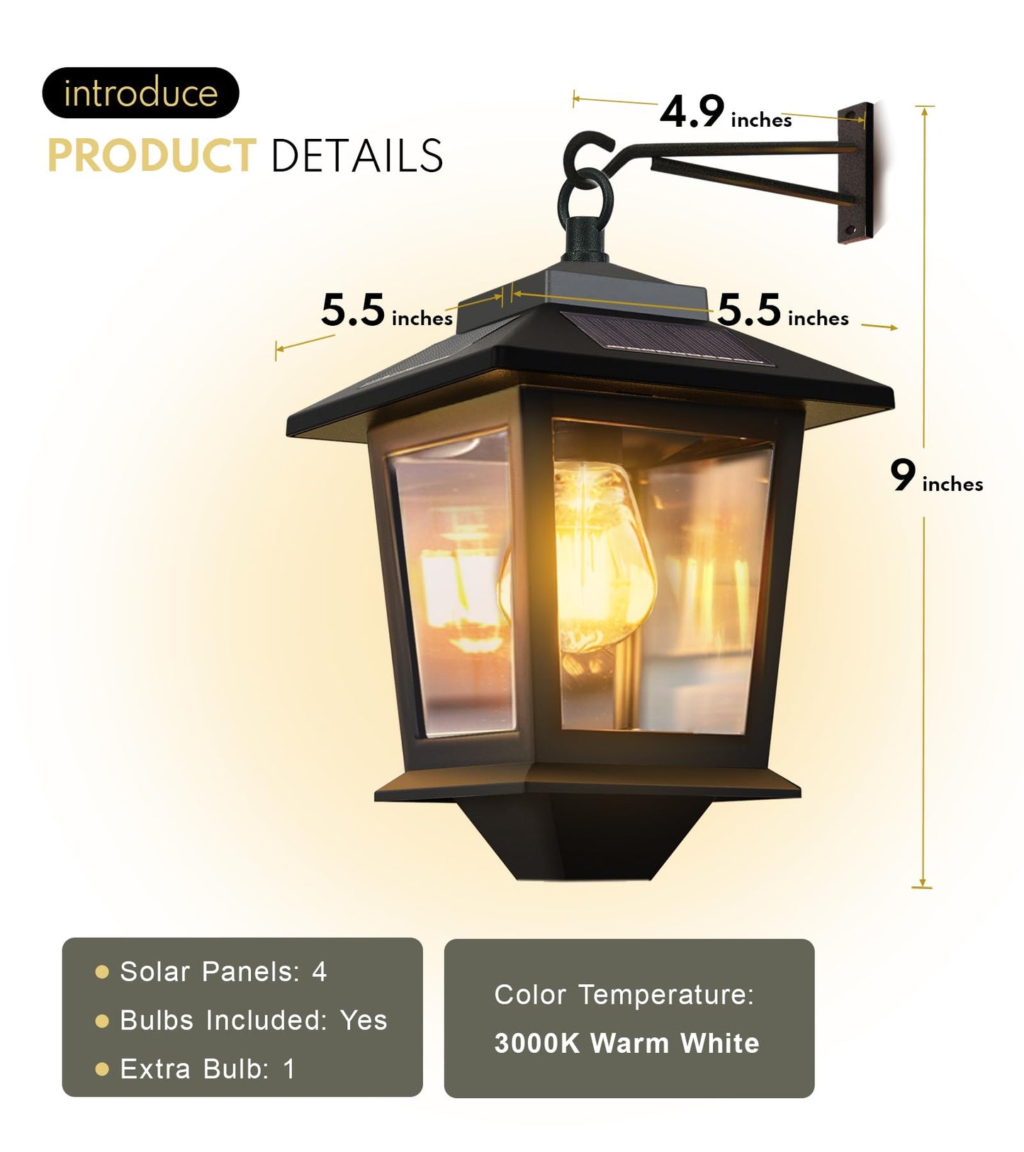 2-Pack Solar Wall Lanterns with Replaceable Bulbs, Outdoor Hanging LED Lights, Waterproof, Anti-Rust, Dusk-to-Dawn, 3000K Warm White