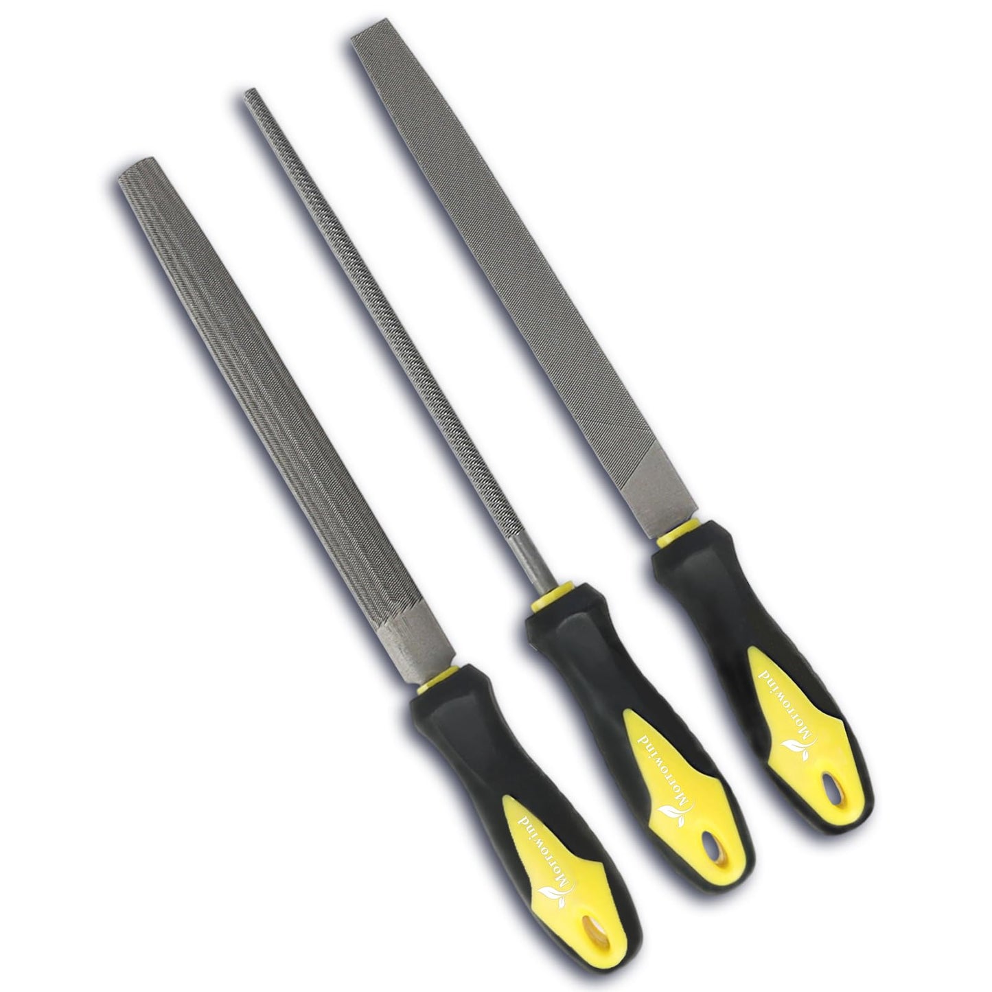 MORROWIND 3-Pc Metal File Set, 8" Carbon Steel Flat, Half-Round & Round Files, Heavy-Duty for Metal, Wood, Plastic – Yellow