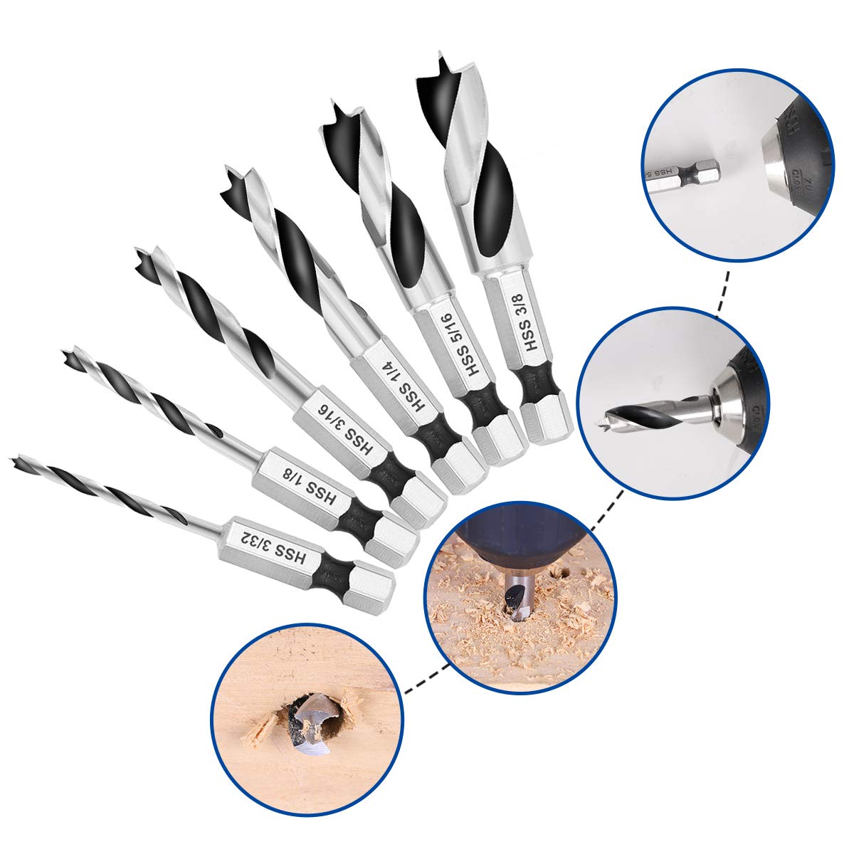 COMOWARE Brad Point Stubby Drill Bit Set for Wood, Short Length Drill Bit Set 6pcs HSS 4241 Steel with 1/4-Inch Quick Change Hex Shank