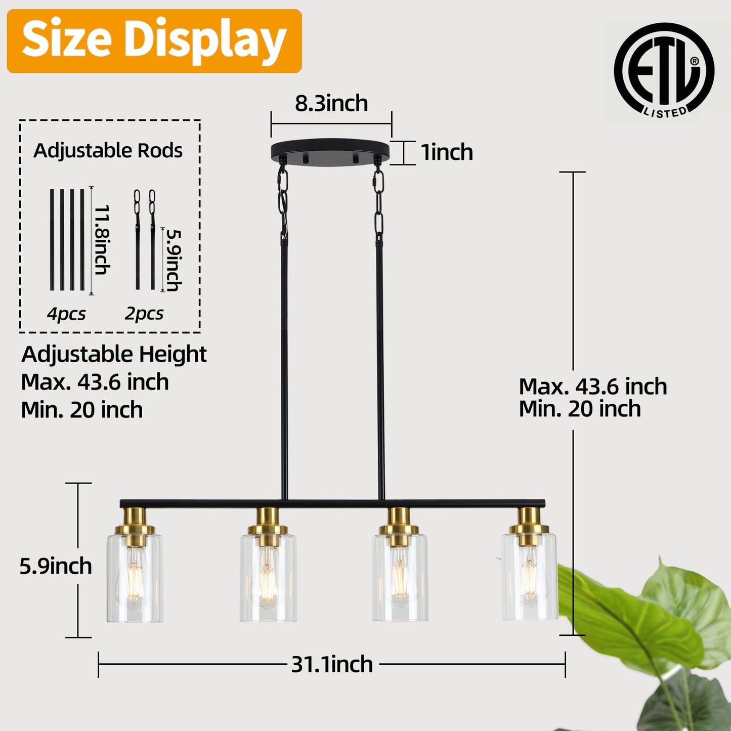 KPIOK 4-Light Island Lights for Kitchen, Farmhouse Linear Chandelier, Matte Black & Gold Industrial Pendant with Clear Glass Shades