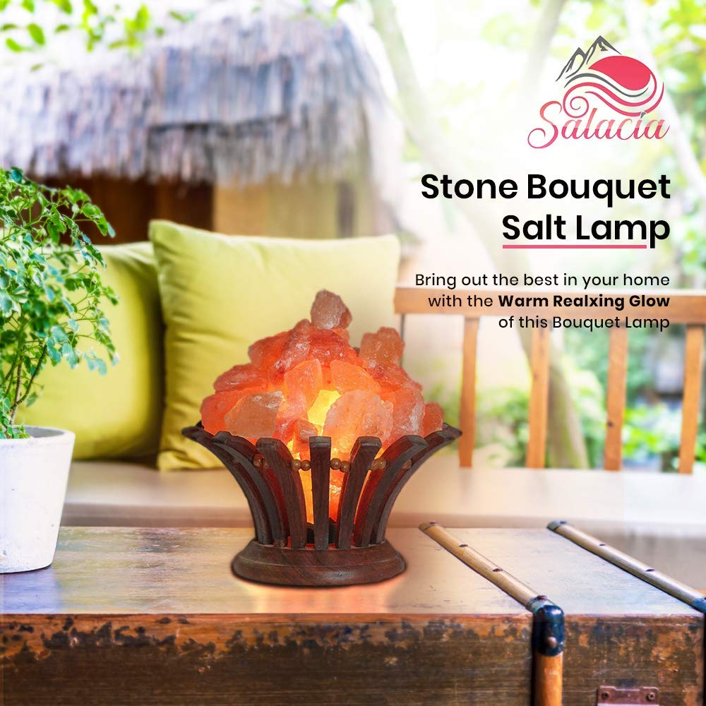 Stone Bouquet Himalayan Salt Lamp Bowl with Dimmer Cord, Natural Pink Salt Rocks, Neem Wood Basket, Wooden Base Light