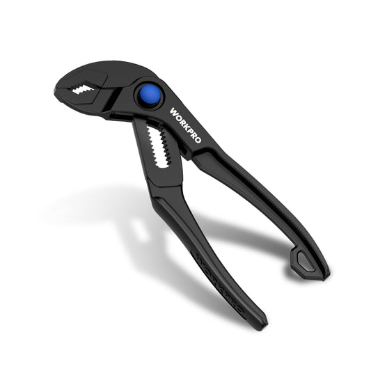 WORKPRO 4-Inch Mini Water Pump Pliers, Adjustable Groove Joint with 15-Position Push-Lock & V-Jaw, Ideal for Tight Spaces & Multi-Surface Grip