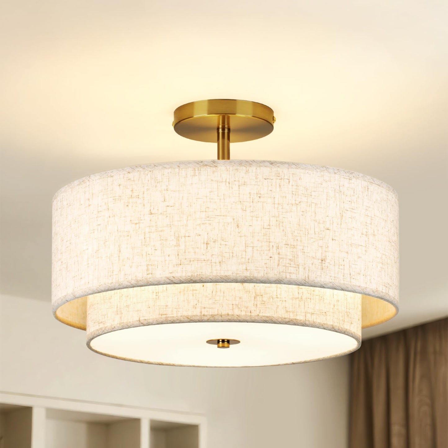 CALOKES 16" Double Drum Gold 3-Light Semi-Flush Ceiling Light with Fabric Linen Shade for Living Room, Bedroom, Kitchen & Hallway