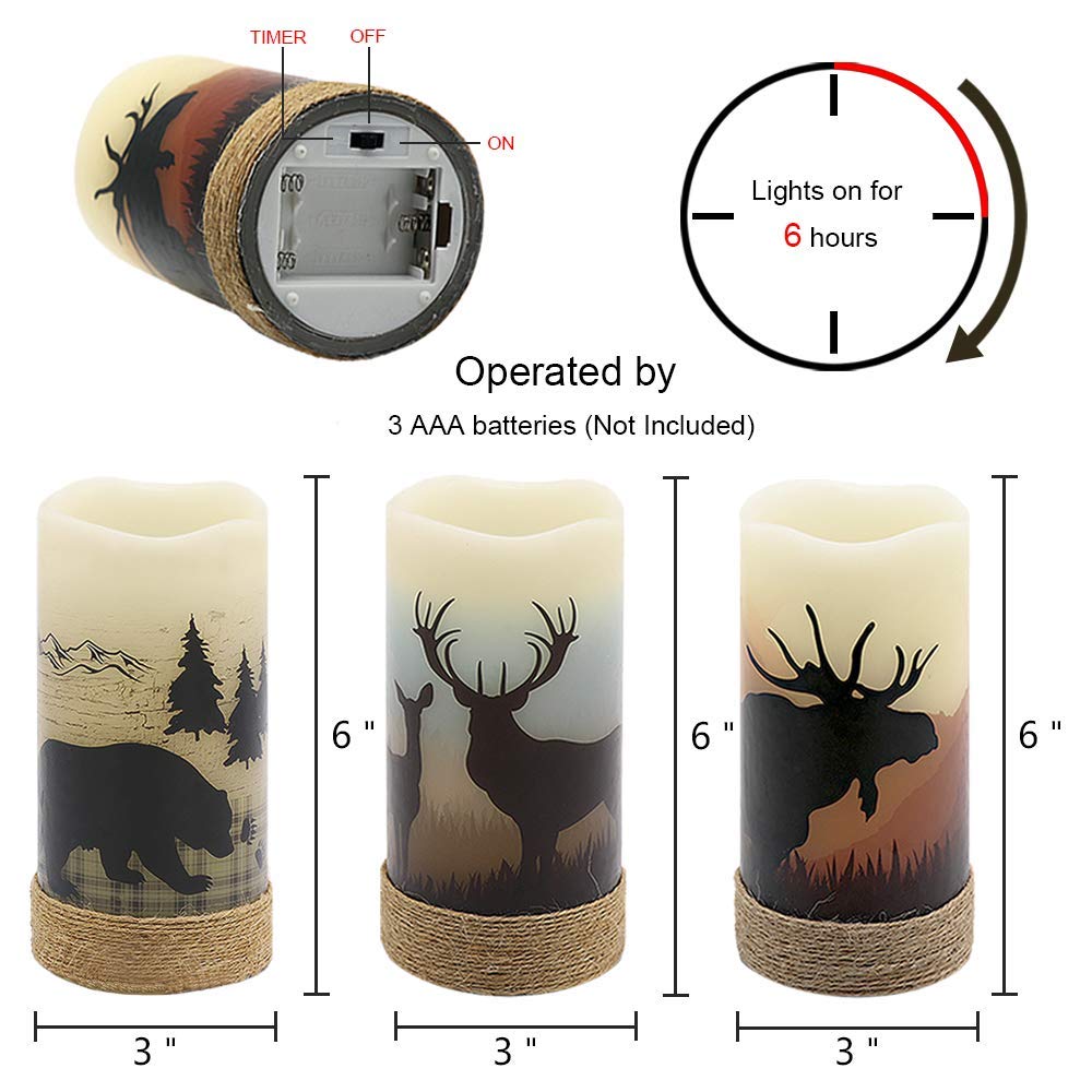 GenSwin Set of 3 Flameless LED Rustic Pillar Candles with Deer, Moose & Bear Decals, 6H Timer, Hemp Rope, Battery Operated, Warm Light