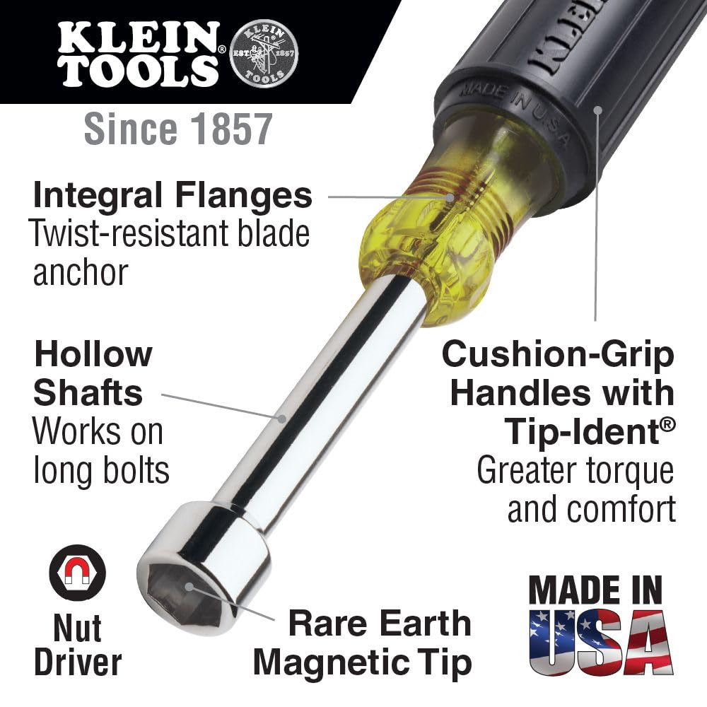 Klein Tools 631M Tool Set, Made in USA, Magnetic Nut Drivers Sizes 3/16, 1/4, 5/16, 11/32, 3/8, 7/16 and 1/2-Inch on 3-Inch Full Hollow Shaft, 7-Piece
