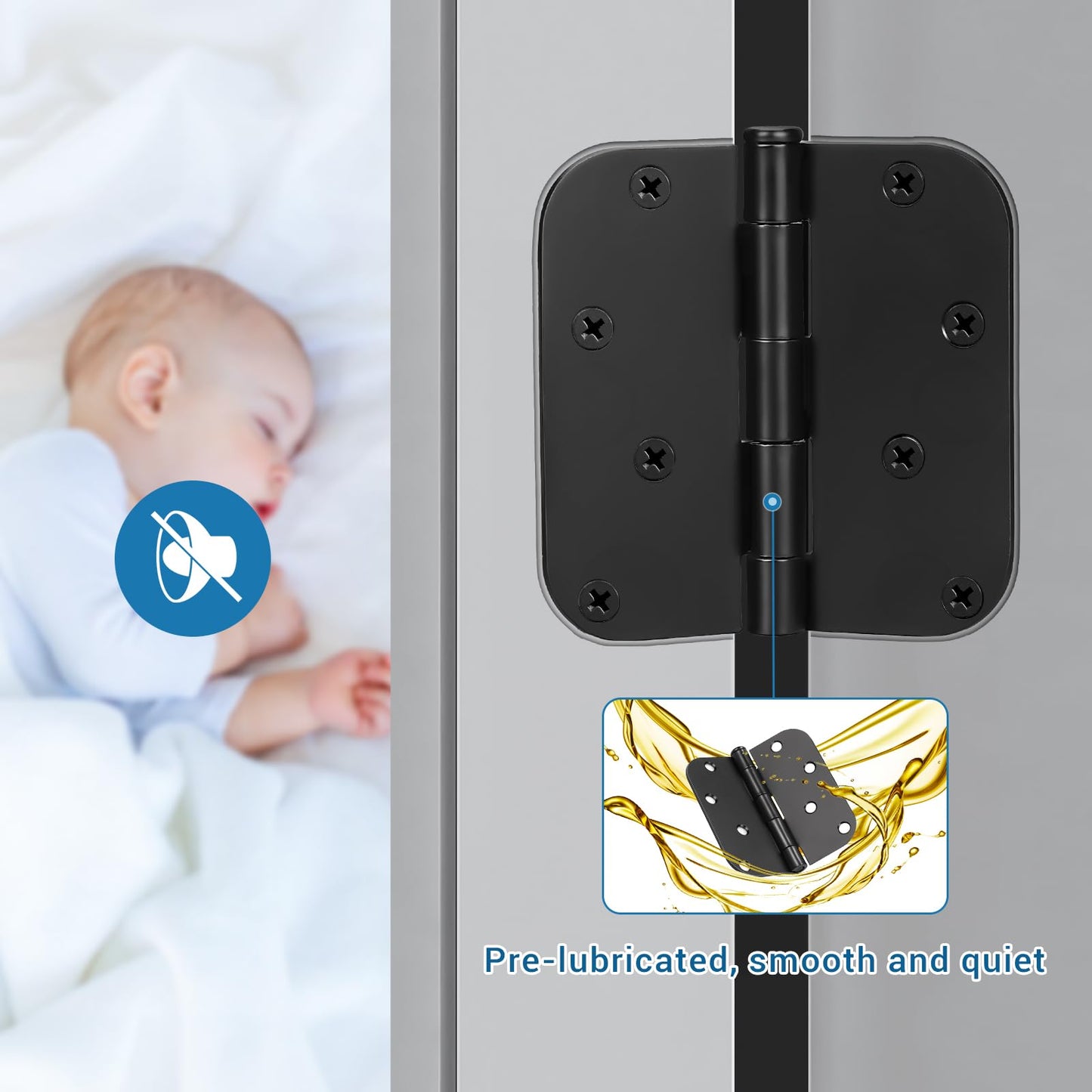 KNOBWELL 12 Pack 4" X 4" Matte Black Door Hinges No Squeak Hinges Rounded Square Corner, 5/8 Inch Round Radius Exterior Door Hinge in Black