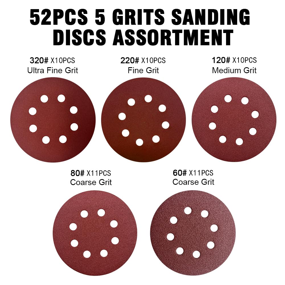 52 Pack 5 Inch 8-Hole Hook and Loop Sanding Discs Sandpaper Red Round 60 80 120 220 320 Mixed Grits Sandpaper for Random Orbital Sander