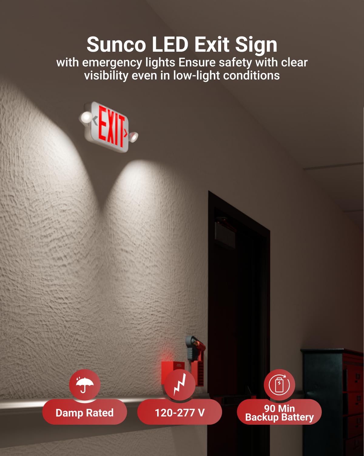 Sunco 12-Pack Red LED Exit Sign with Emergency Lights, Adjustable Mini Lamps, Fire-Resistant, Backup Battery, UL Listed
