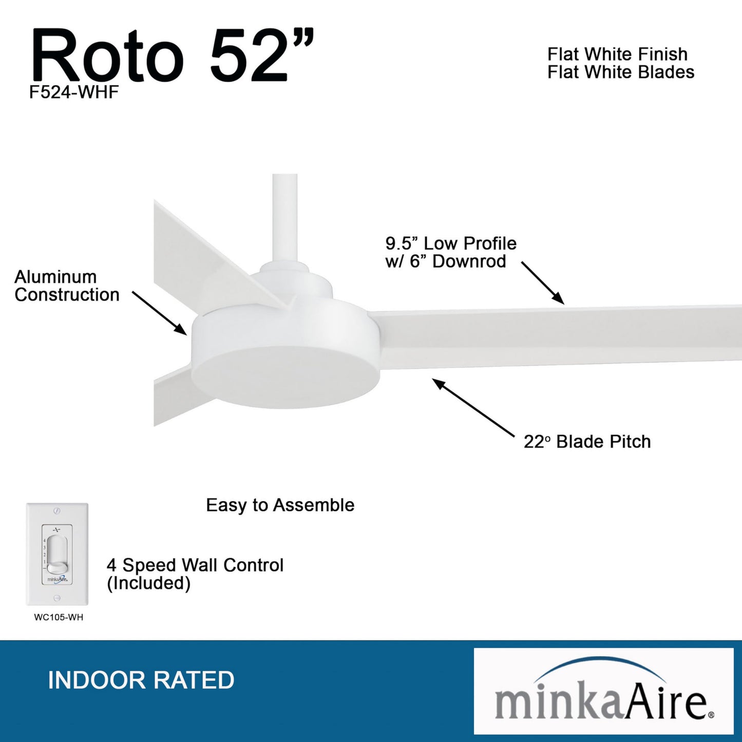Minka-Aire F524-WHF Roto 52" Ceiling Fan with Wall Control, Flat White