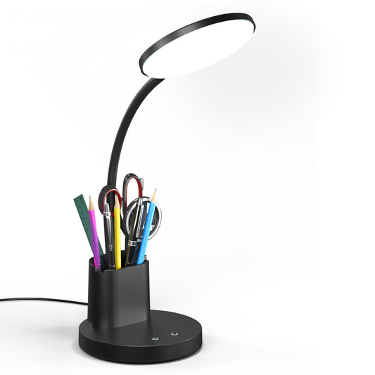 Vicsoon LED Desk Lamp for Home Office, Touch Control, 3 Color Modes, Dimmable 360° Adjustable Arm, Pen & Phone Holder, Black