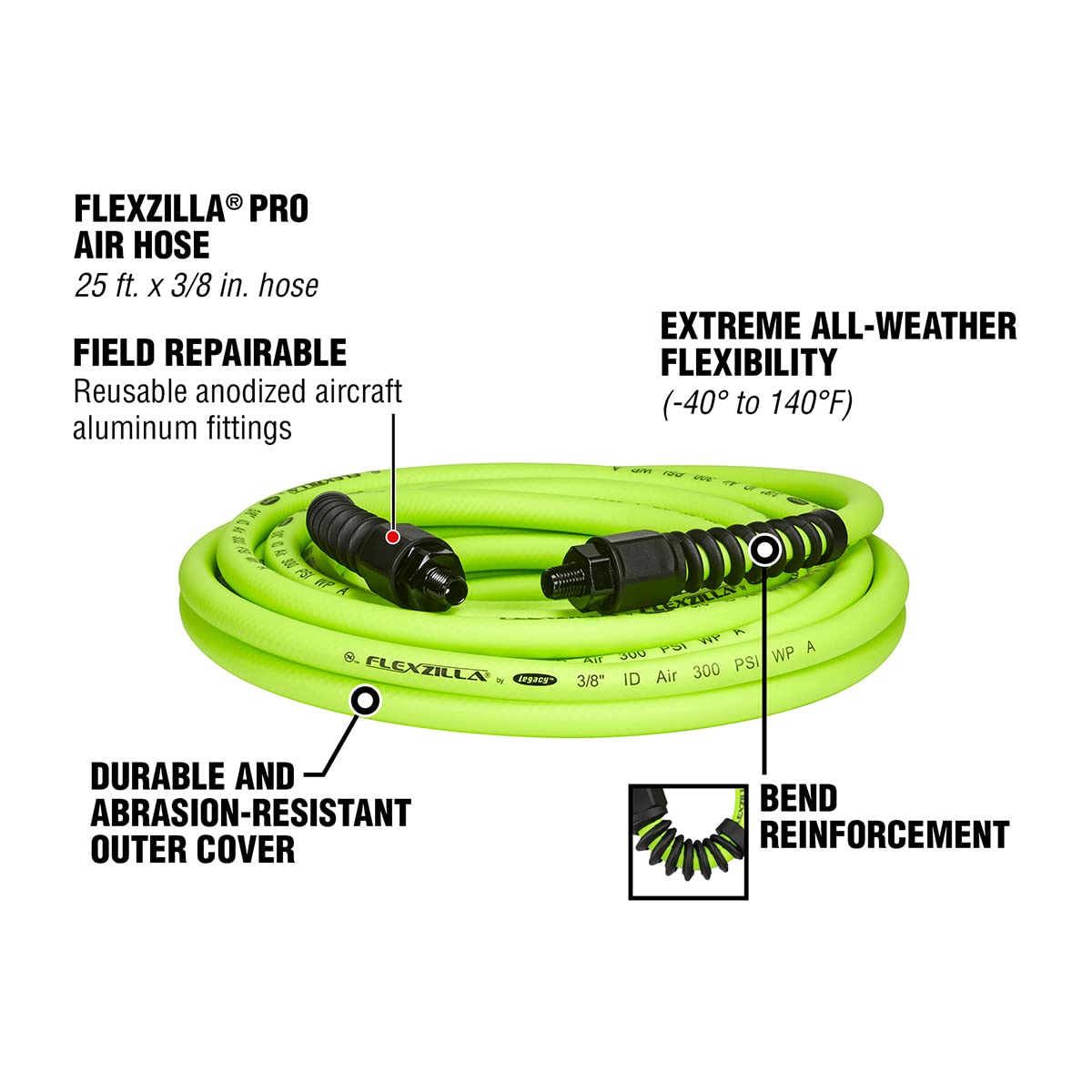 Flexzilla Pro Air Hose, 3/8 in. x 25 ft., Heavy Duty, Lightweight, Hybrid, ZillaGreen - HFZP3825YW2