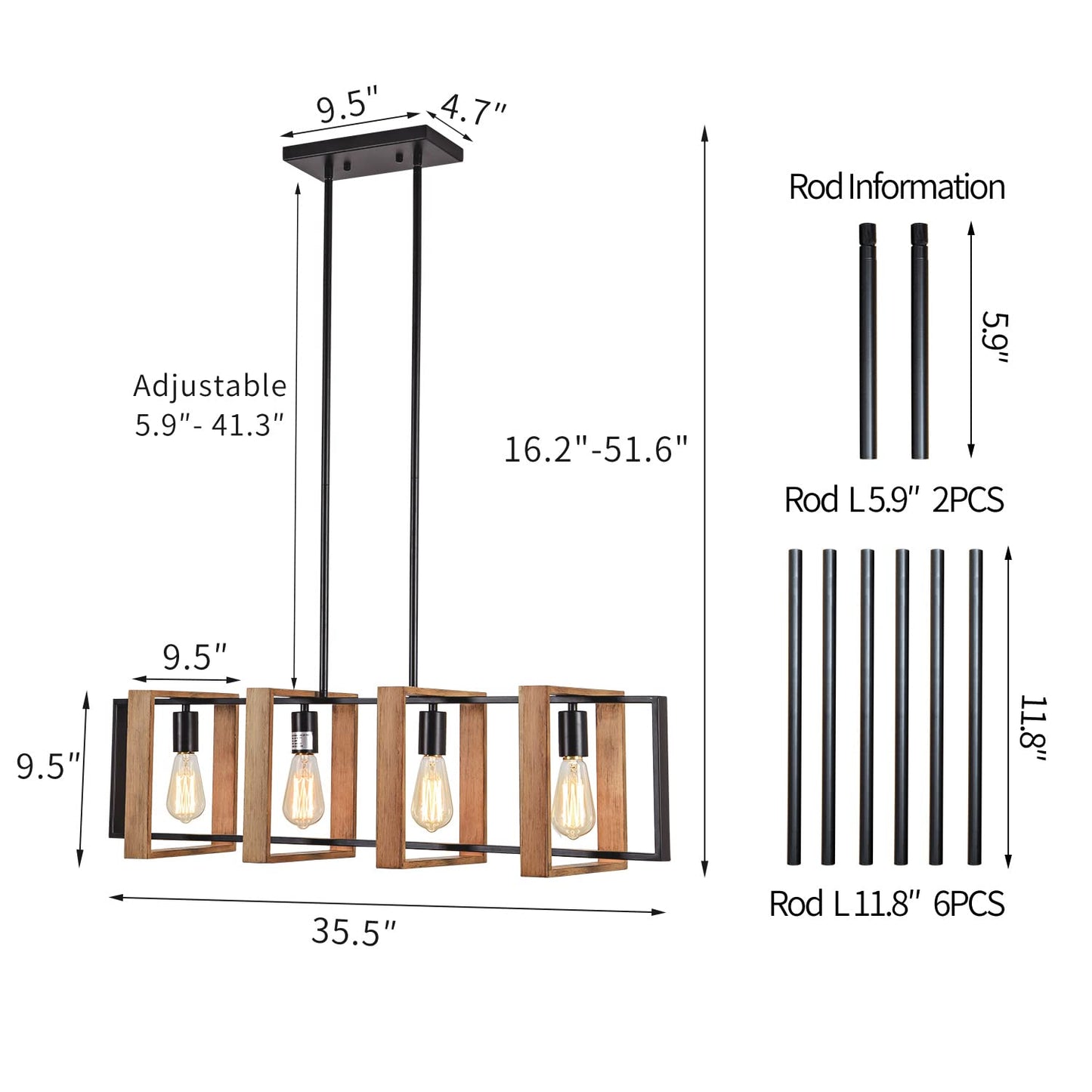**Farmhouse 4-Light Rectangular Pendant Chandelier, Wood & Black Metal Kitchen Island Dining Room Light, 35.4"**
