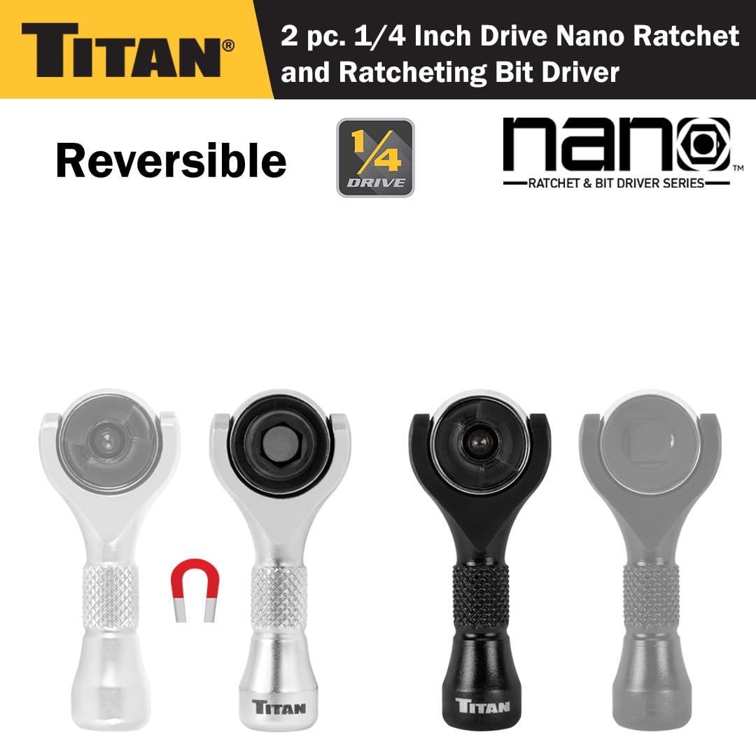 Titan 11332 2-Piece 1/4-Inch Drive x 2-1/4-Inch 90-Tooth Swivel Head Nano Ratchet and Ratcheting Bit Driver Set