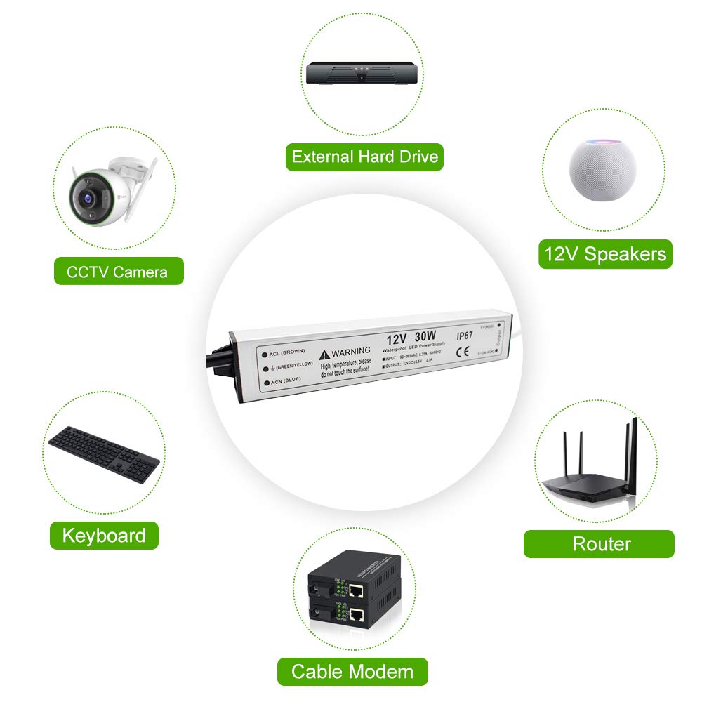 30W 12V LED Power Supply, Waterproof IP67 Driver, 110V AC to 12V DC Converter, 2.5A LED Transformer with 3-Prong Plug & 3.3ft Cable