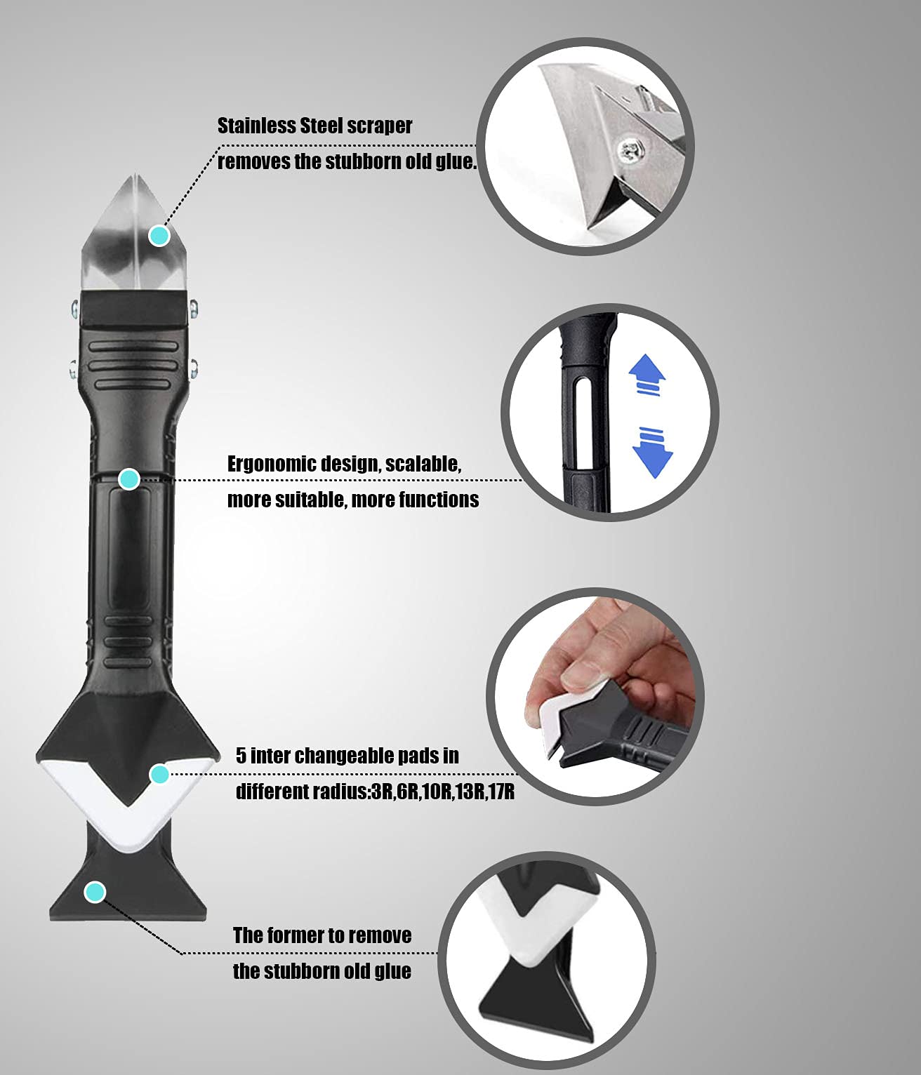 3-in-1 Silicone Caulking Tool Set, Stainless Steel Caulk Remover & Glass Glue Angle Scraper for Kitchen, Bathroom, Windows & Frames