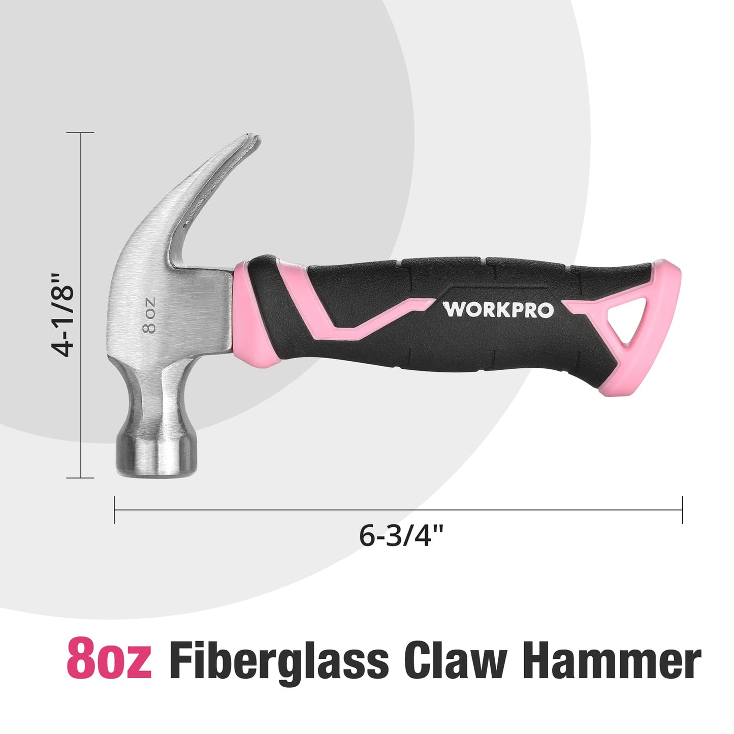 WORKPRO 8 oz Claw Hammer with Fiberglass Handle, All Purpose Hammer with Forged Hardened Steel Head, Pink Ribbon