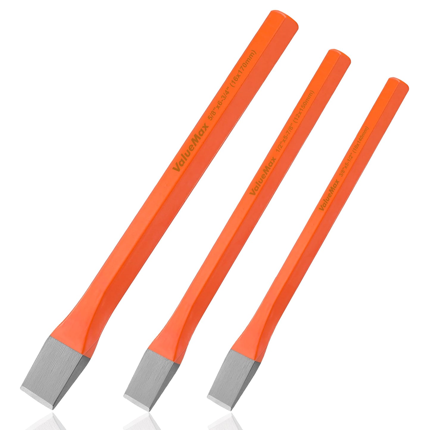 ValueMax 3-Piece Heavy Duty Cold Chisel Set, 3/8", 1/2" & 5/8", Cr-V Steel for Carpentry, Metalwork, Woodwork & Masonry