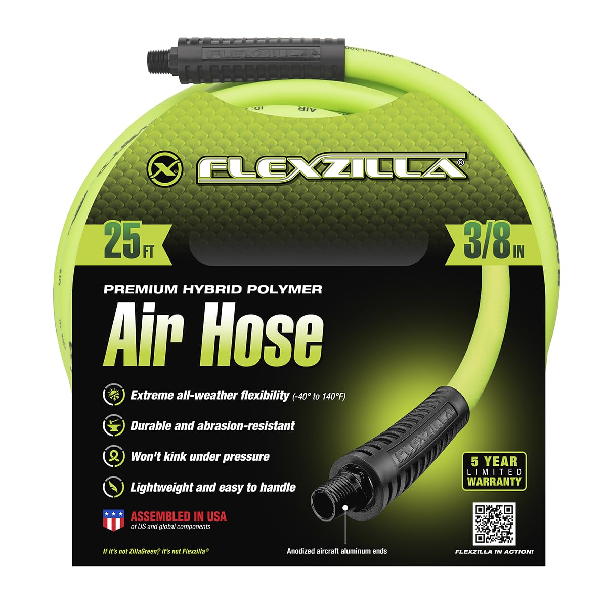 Flexzilla Air Hose, 3/8 in. x 25 ft., 1/4 in. MNPT Fittings, Heavy Duty, Lightweight, Hybrid, ZillaGreen - HFZ3825YW2