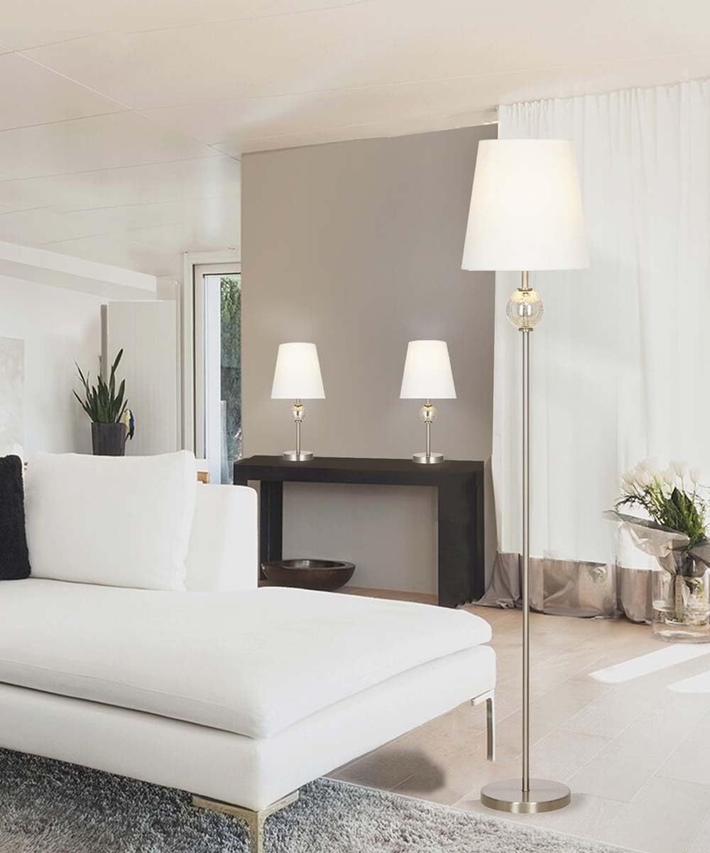 Catalina Modern Classic 3-Piece Floor and Table Lamp Combo Set, Brushed Nickel Metal Finish w/Glass Font