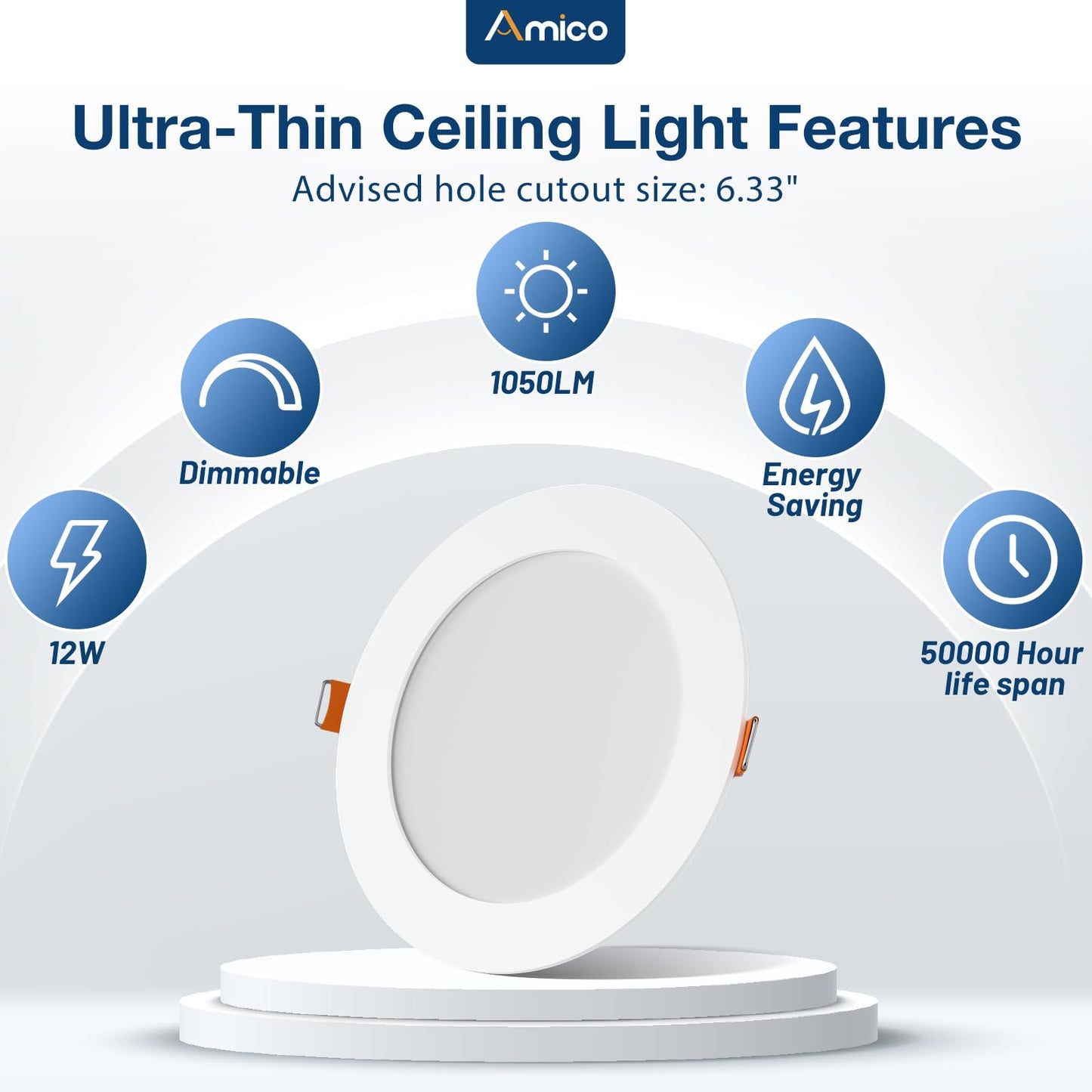 Amico 48-Pack 6" Ultra-Thin LED Recessed Ceiling Light, 5CCT 2700K-5000K, 12W Dimmable Canless Downlight, 1050 Lumens, ETL/FCC