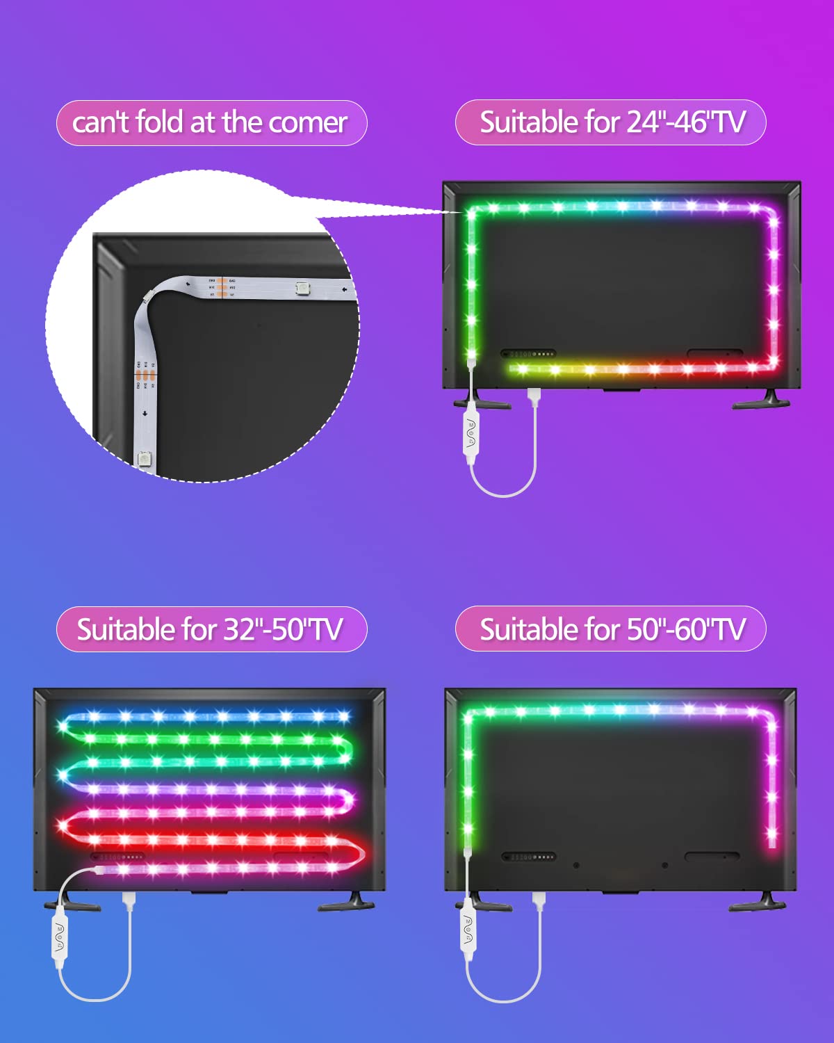 Daymeet 9.8FT LED TV Backlight for 32-60" TVs, RGBICW Color Changing Strip, Music Sync, Bluetooth APP Control, USB LED Lights for Bedroom