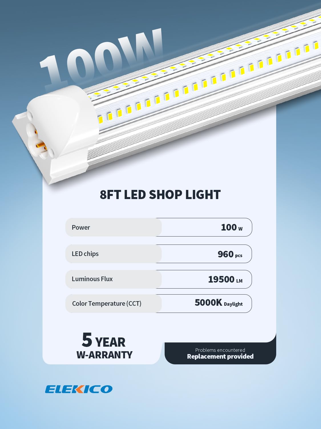 ELEKICO 8FT LED Shop Light, 100W 19500LM, Super Bright 5000K, Linkable Garage & Workshop Ceiling Light
