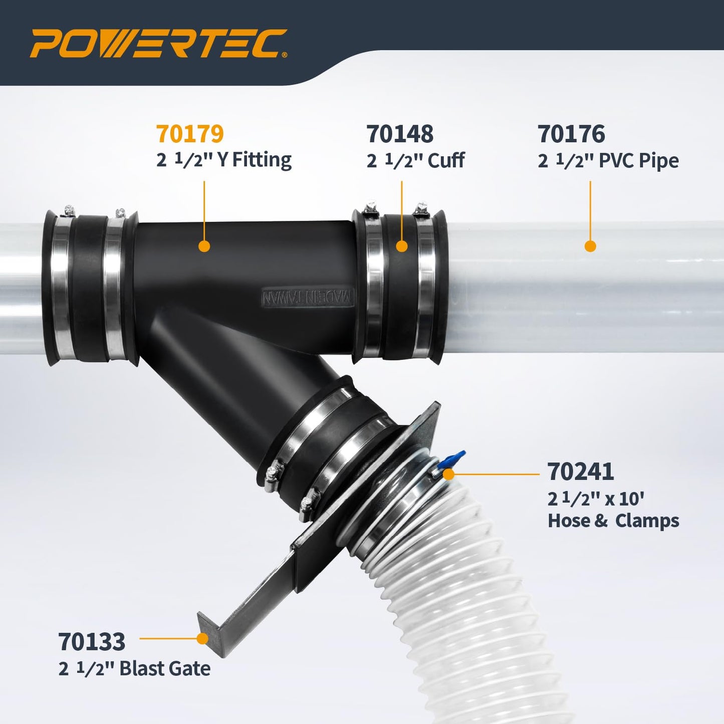 POWERTEC 2-1/2 Inch Y Fitting for 2 1/2 Inch Hose, 2 1/2 Inch Hose Connector Fittings for Dust Collection System, 1 pack (70179V)