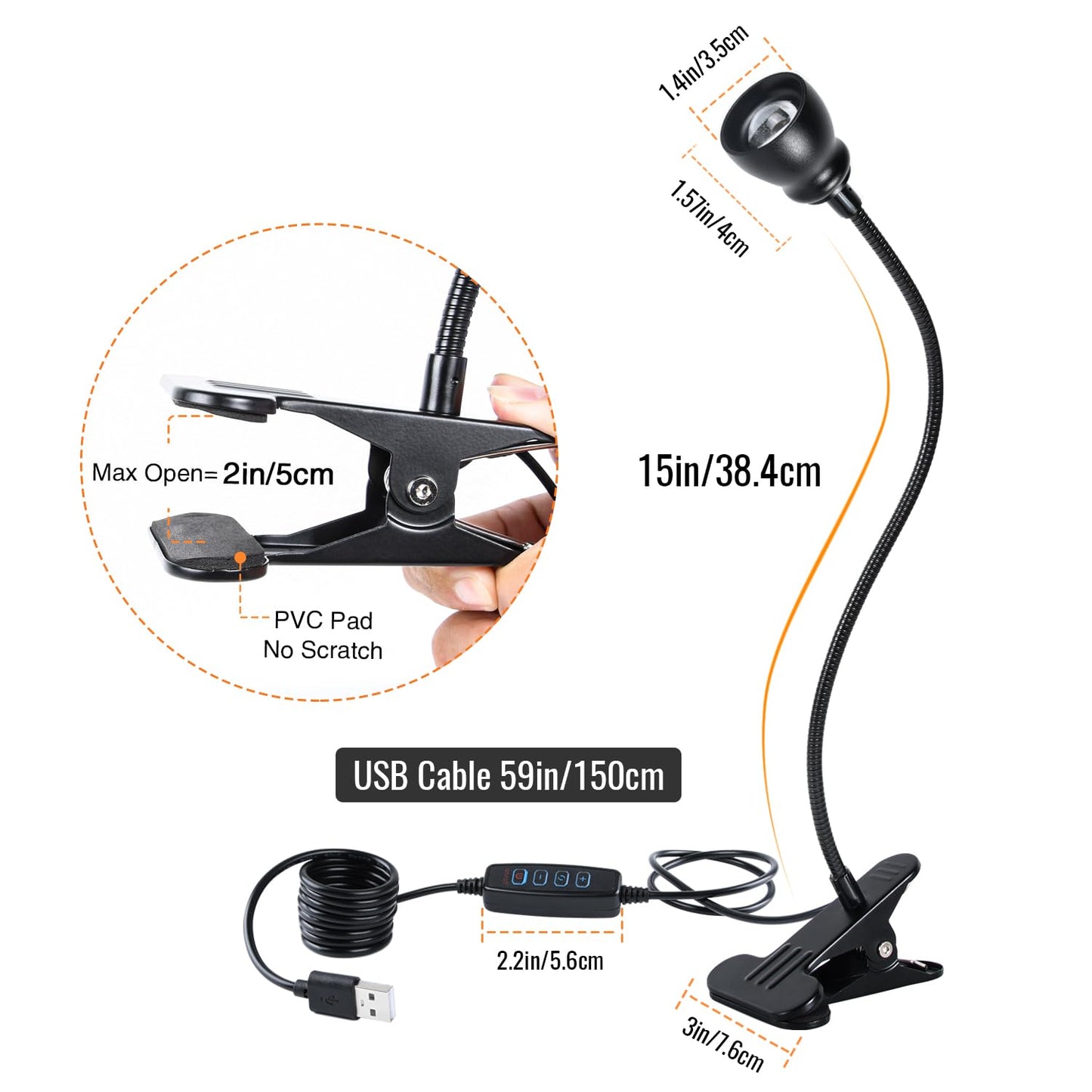 CeSunlight Zoomable Clip-On Reading Light – Dimmable 3-Color Temp, 10 Brightness Levels, Adjustable Beam, Clamp for Dorm/Bed