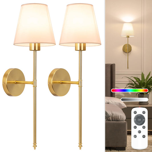 NIORSUN Set of 2 Gold Battery Wall Sconces, Rechargeable 5200mAh, Dimmable with Remote, 10 Colors, Wireless Bedroom & Living Room Lights