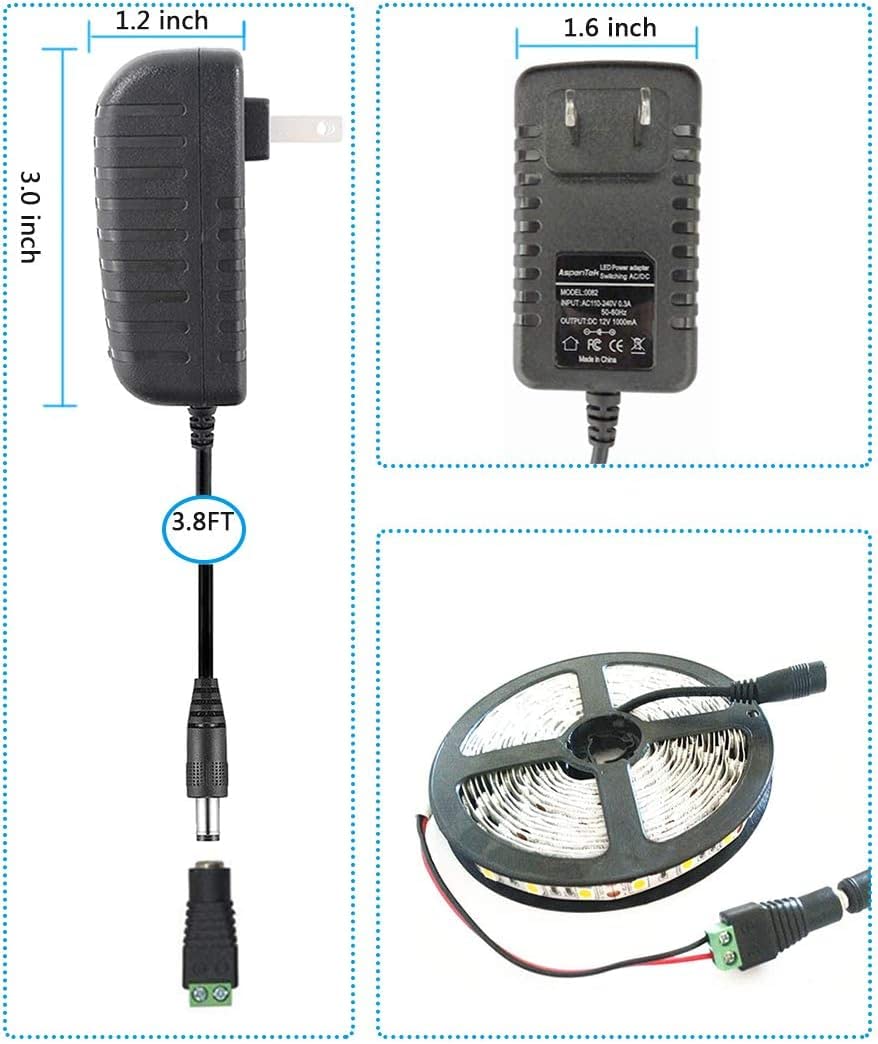 AspenTek 12V DC Power Supply Adapter with Inline On/Off Switch for LED Strips, Bars, Tape & Under Cabinet Lighting, 12W 1000mA Output