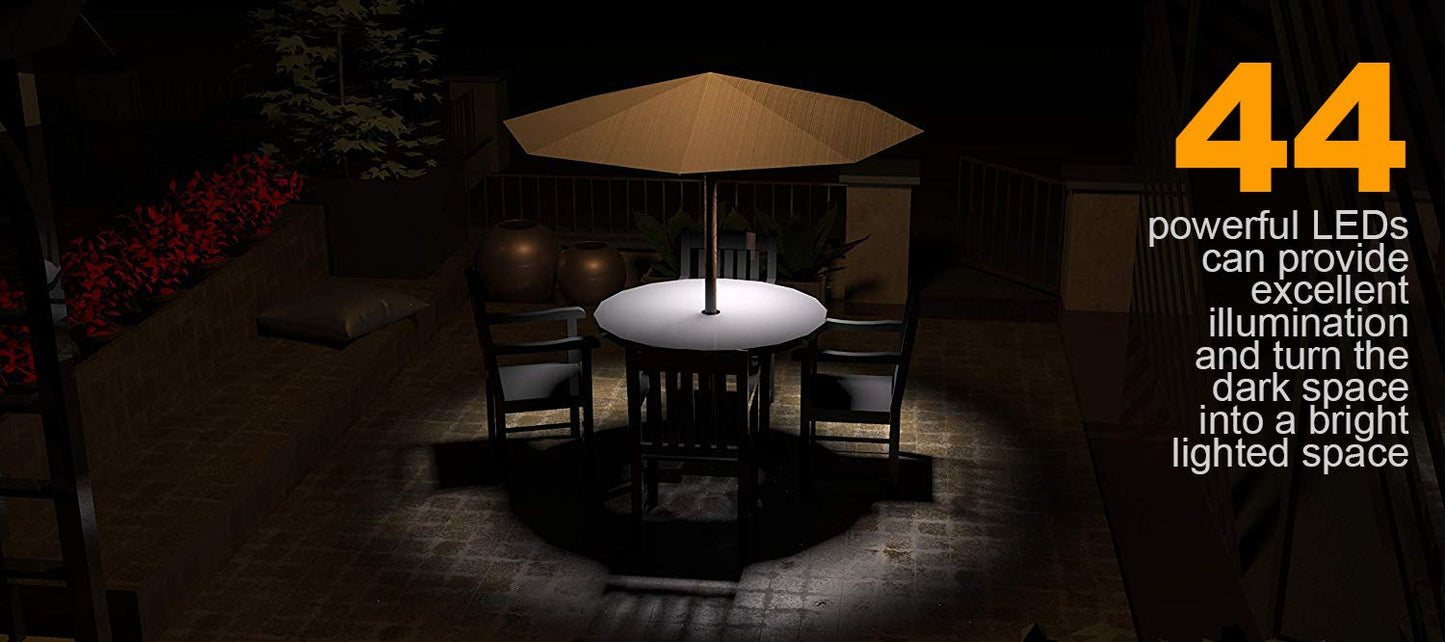 Magictec 44 LED Patio Umbrella Light, Cordless Battery Operated, 3 Lighting Modes, Clip-On for Umbrellas, Camping, Tents & Outdoor Use