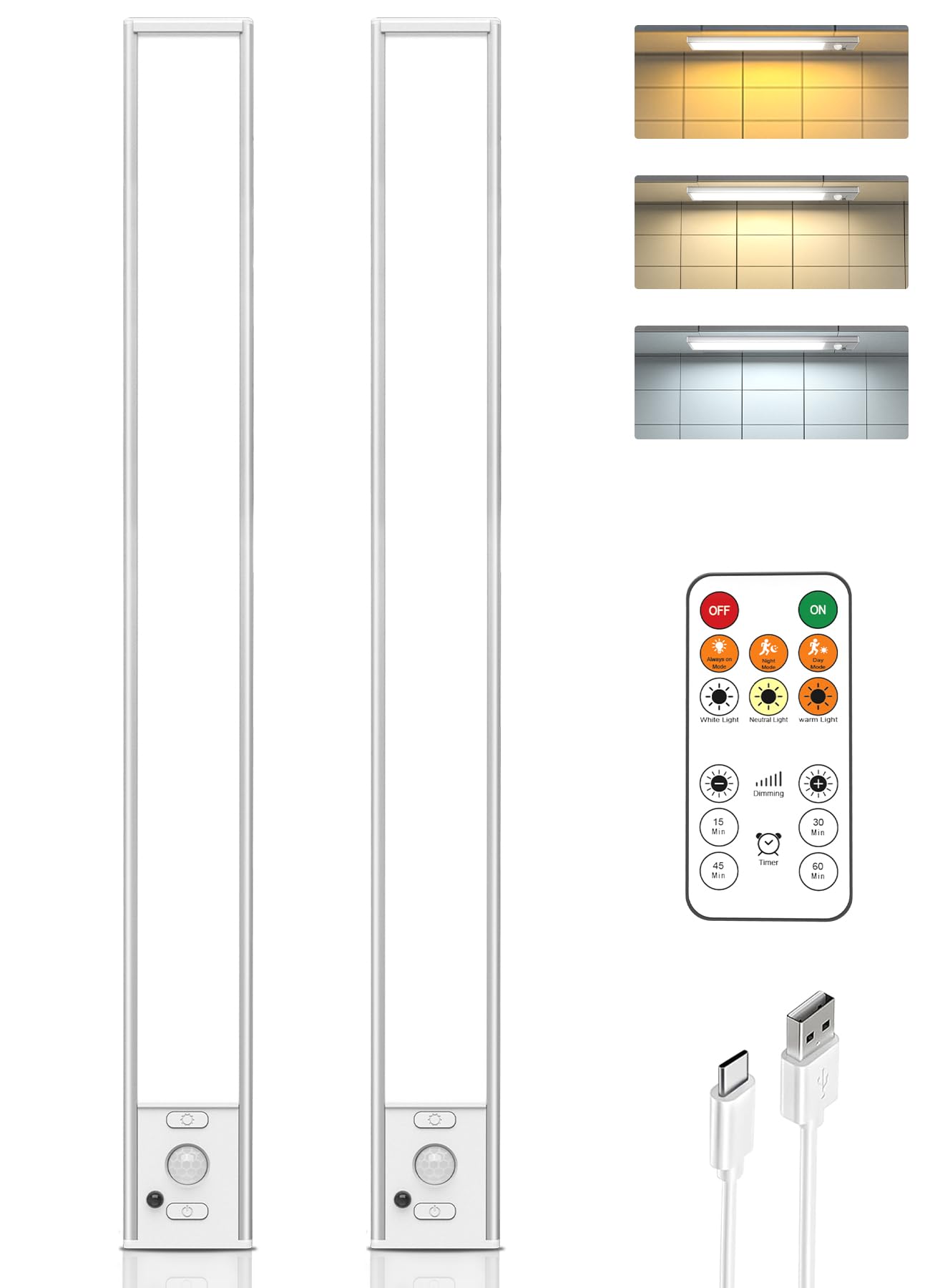 16" LED Under Cabinet Lights, Motion Sensor, USB Rechargeable, 3 Color Temps, Remote Control, Wireless Kitchen, Closet, Stair, 2 Pack
