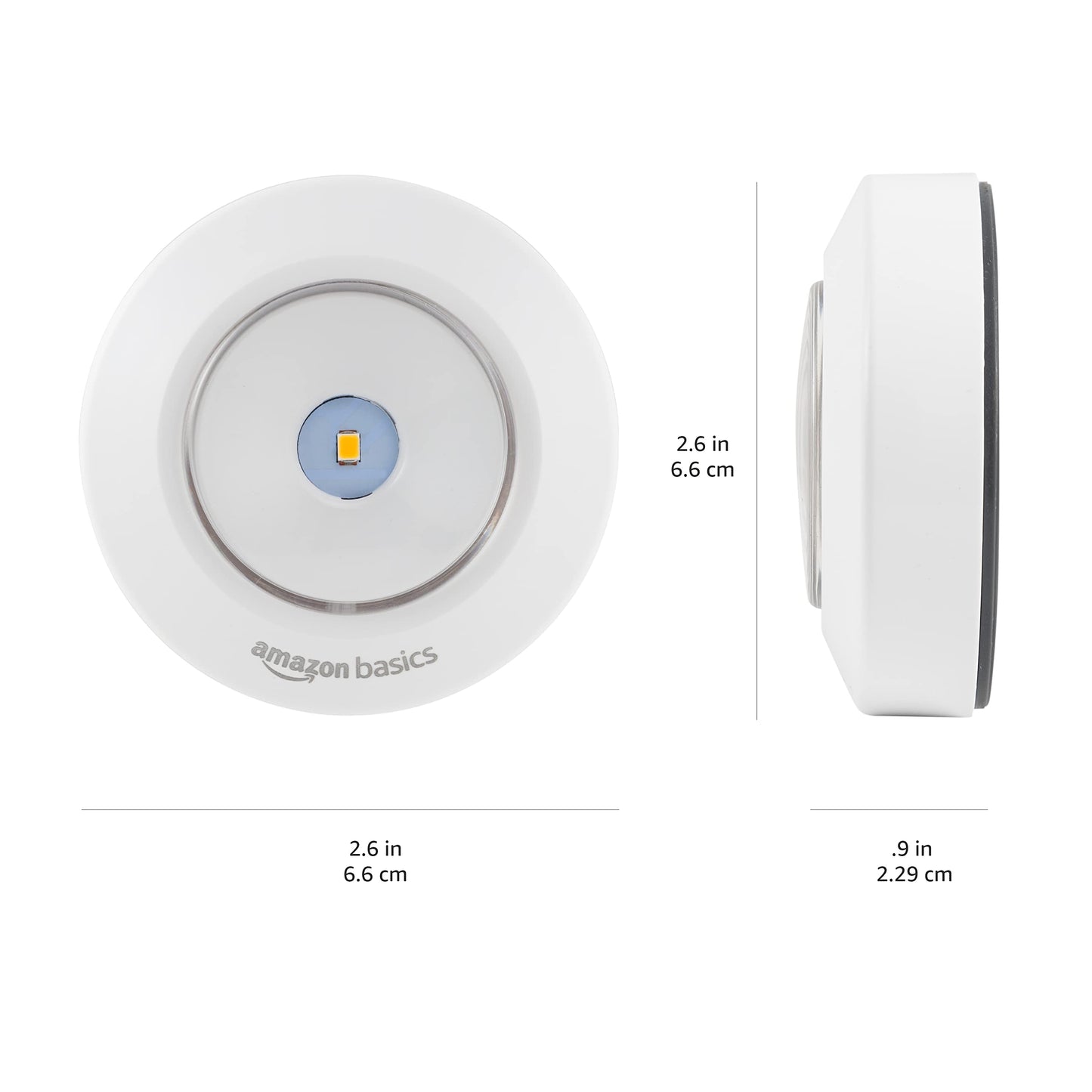 Amazon Basics LED Puck Lights, 2 Pack, Battery Operated Tap Stick-On Lights, 50 Lumens, Ideal for Cabinets, Closets, Garage – White