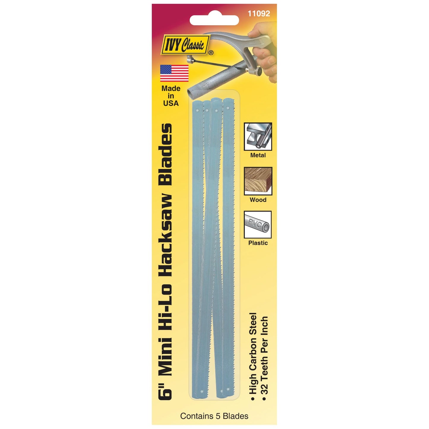 Ivy Classic 11092 6" 32 TPI Mini Hi-Lo Hacksaw Blades, Made in USA, 5/Card