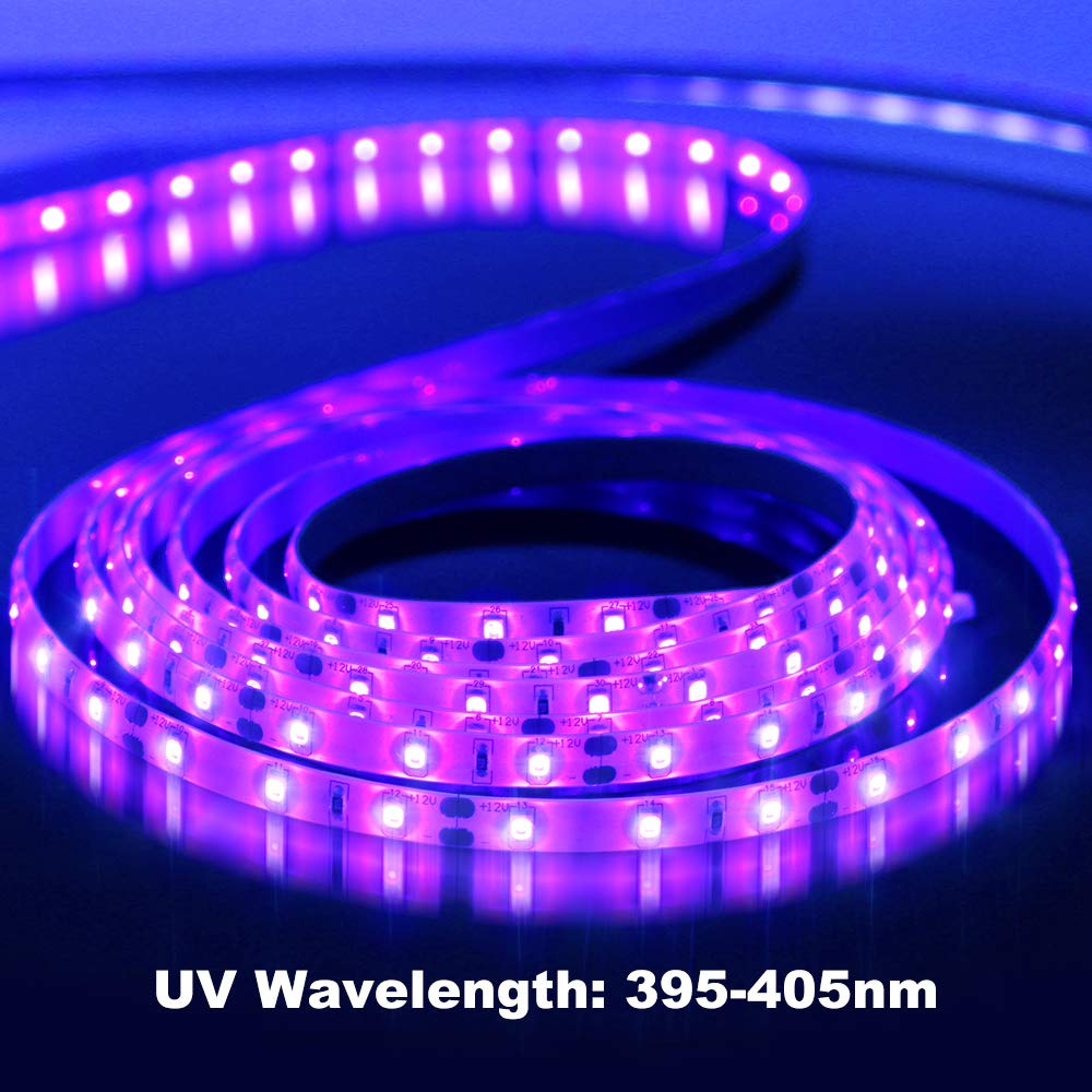 YGS-Tech 24W UV Black Light LED Strip 16.4FT (5M), 300 LEDs 395–405nm, Non-Waterproof Blacklight with Power Supply