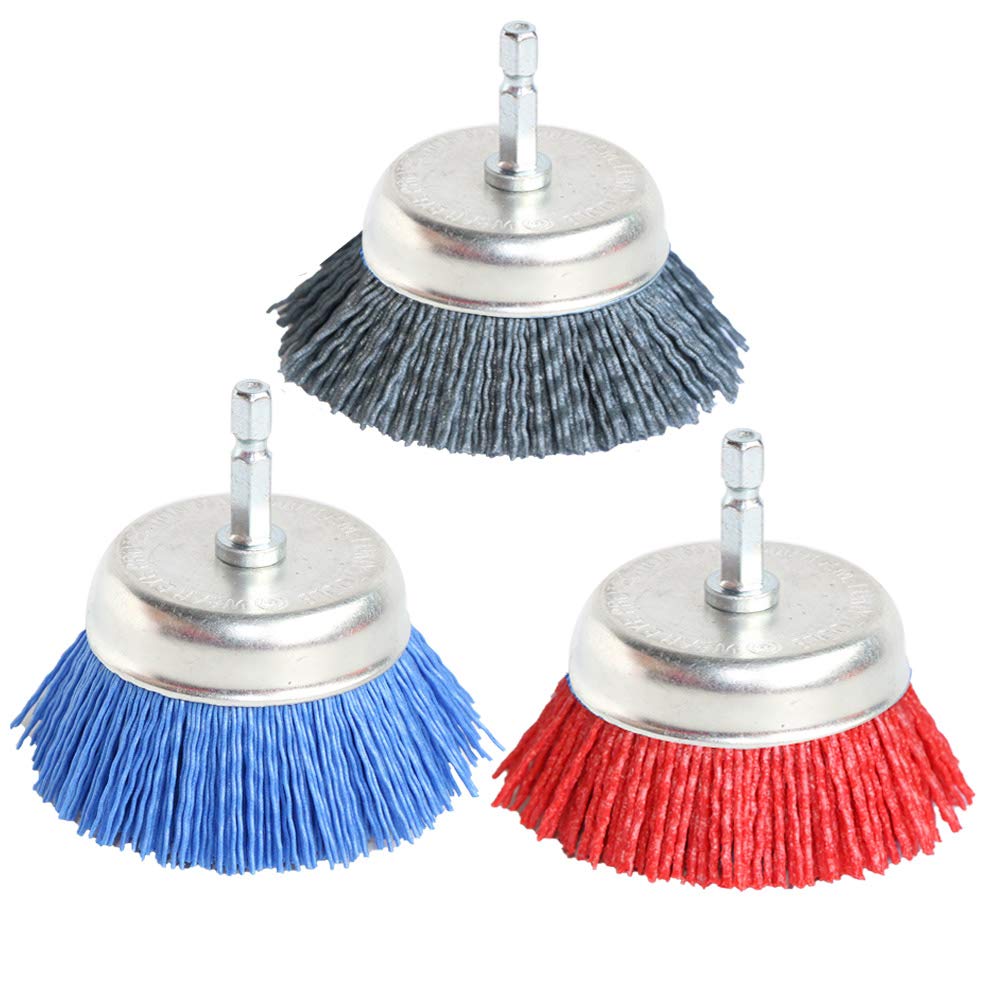 FPPO 3Pcs 3 Inch Assorted Cup Brushes Abrasive Wire Nylon Cup Brush for Drill,Grit 80 120 320 with 1/4" Shank,Rotary Brushes for Machines