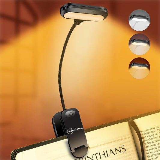 Rechargeable Clip-On Book Light for Reading in Bed, 3 Color Temperatures, Stepless Dimming, 360° Rotatable with Magnetic Base