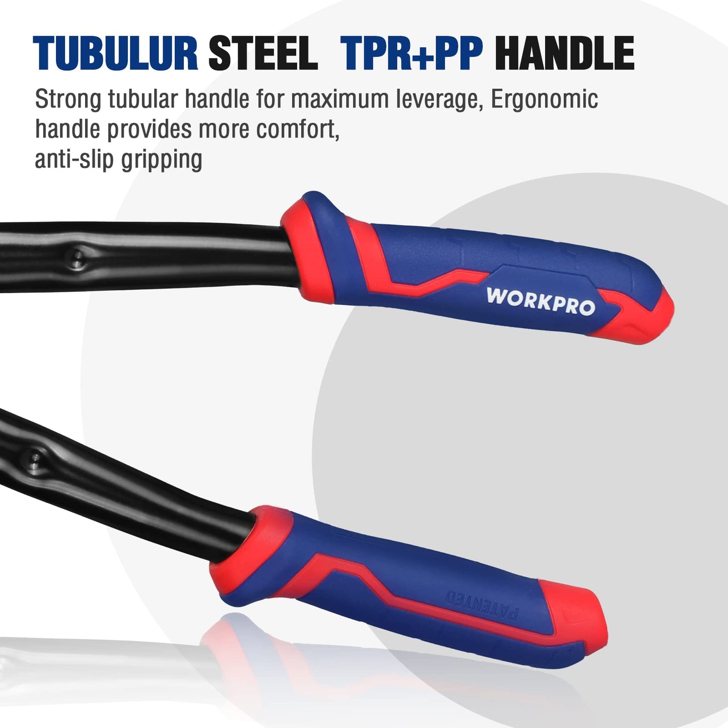 WORKPRO 18" Heavy Duty Bolt Cutter – Chrome Moly Steel, Soft Grip, Cuts Chain, Wire, Screws & Rivets, Black/Blue/Red