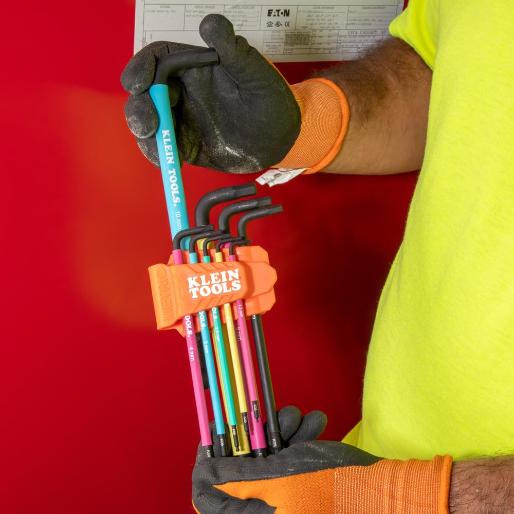 Klein Tools BLS18 Hex Key Wrench Set, SAE & Metric, Color-Coded L-Style Ball End Long Arm, Heat-Treated, 18-Piece